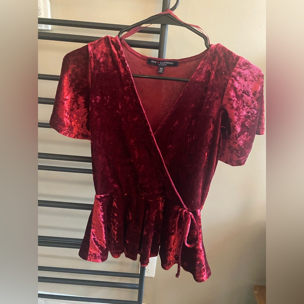 Crushed Velvet Faux Wrap Peplum Shirt